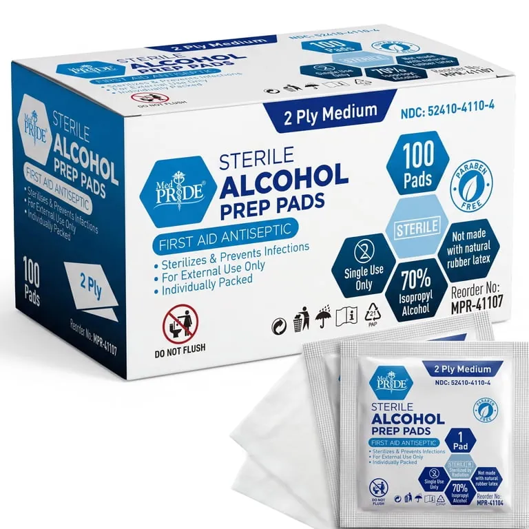 Chlorhexidine and soap placed beside alcohol prep pads on a counter