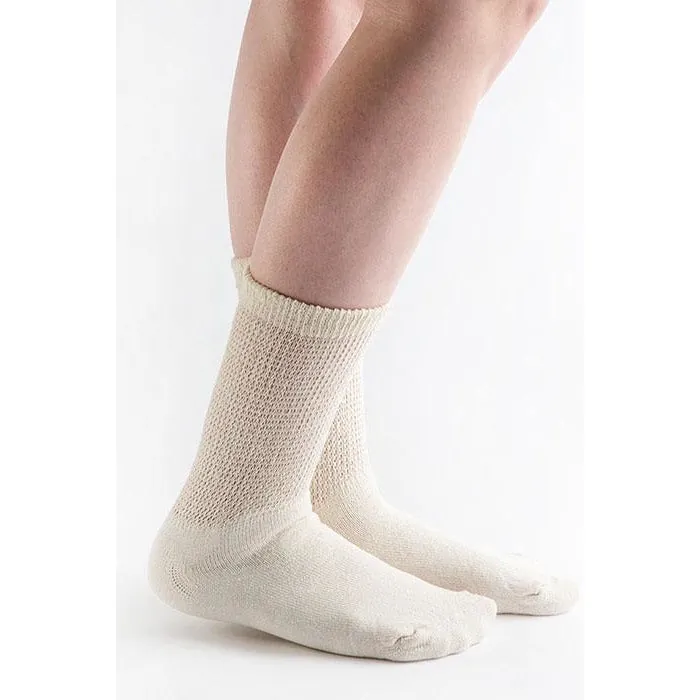 Diabetic crew sock with non-elastic band on a leg