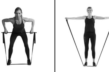A person practicing a home workout routine using colorful resistance bands for strength training.