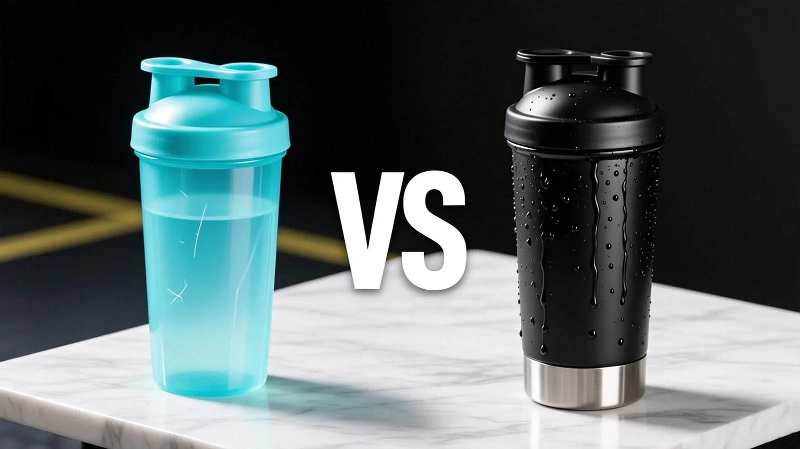 Two protein shaker bottles on a gym bench with a towel
